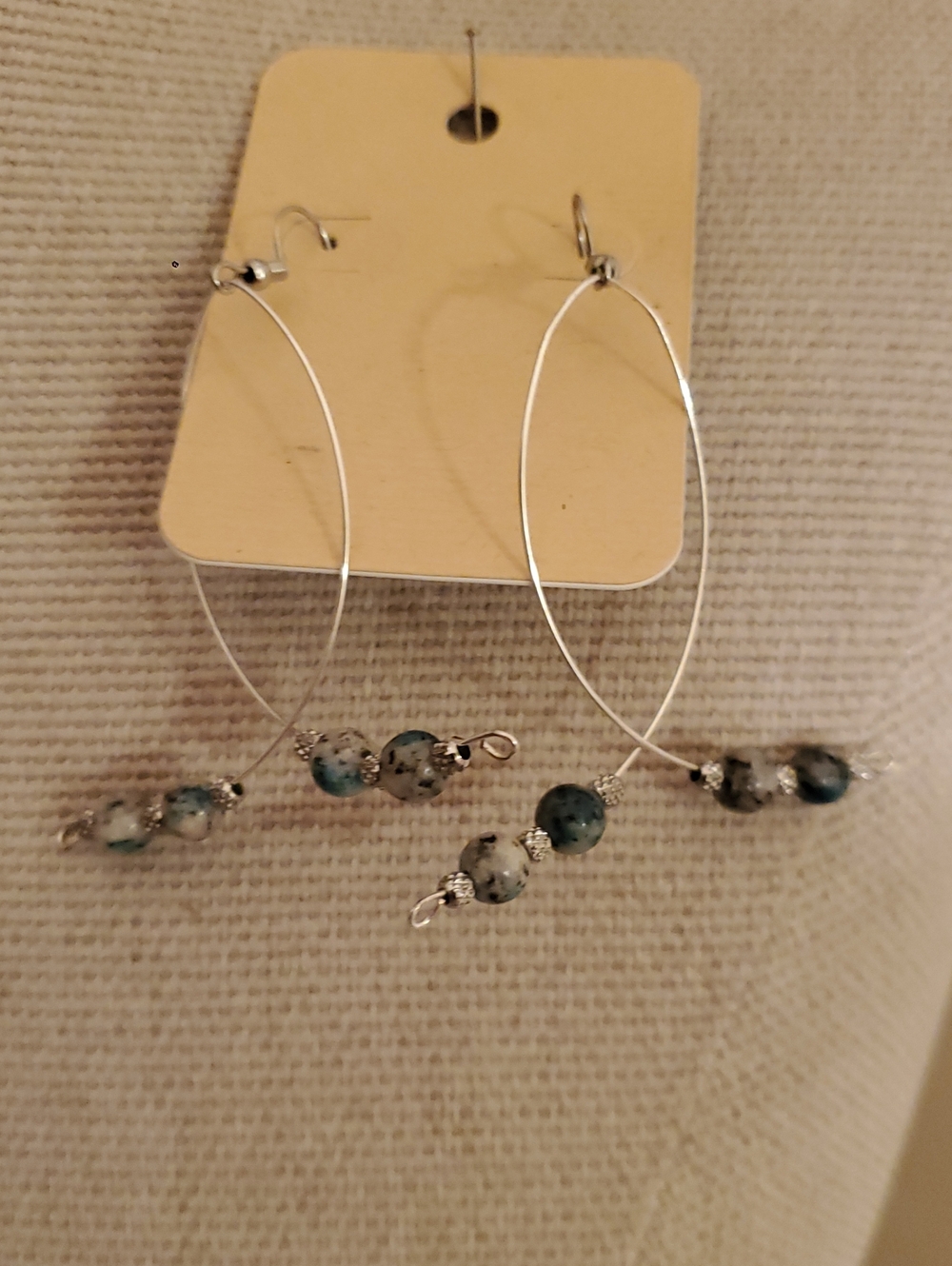 Handcrafted Silver Hoop Earrings with Blue-Green Beads